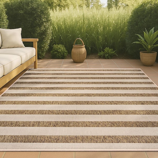 Aveiro Wide Stripe Beige/Brown 5 ft. x 8 ft. Indoor/Outdoor Area Rug
