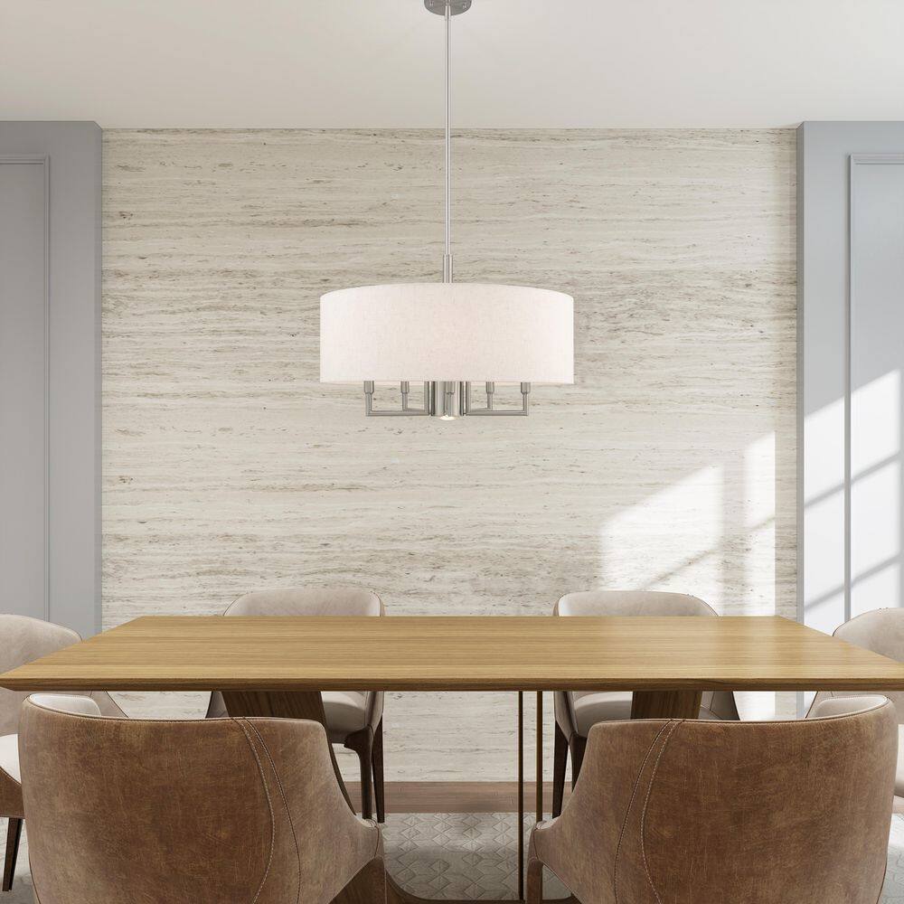 Meridian 6-Light Brushed Nickel Pendant with Oatmeal Fabric Shade