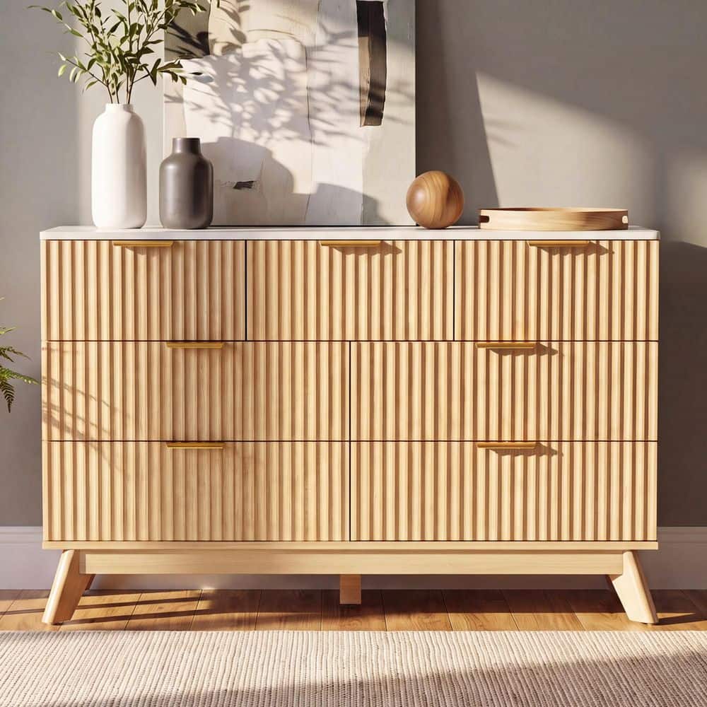 47.24 in. W 7‑Drawer Wide Dresser, Fluted Fronts, Marble‑Pattern Veneer Top, Gold Pulls, Anti‑Tip Cabinet, Natural Oak price history on PriceWatchPro