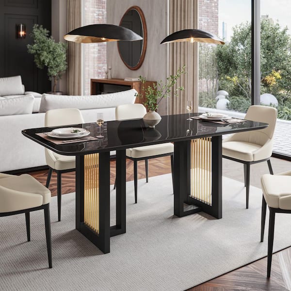 Modern Black and Gold Painted Glass Pedestal Dining Table Seats 6
