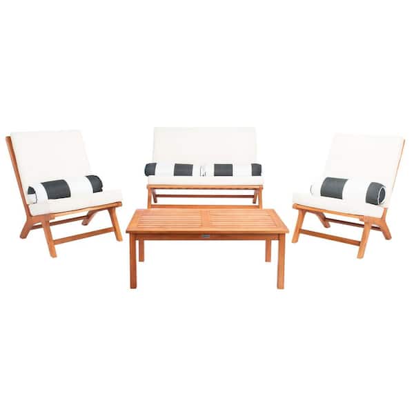 SAFAVIEH Chaston Natural 4-Piece Wood Patio Conversation Set with White Cushions and Black Striped Lumbar Pillow