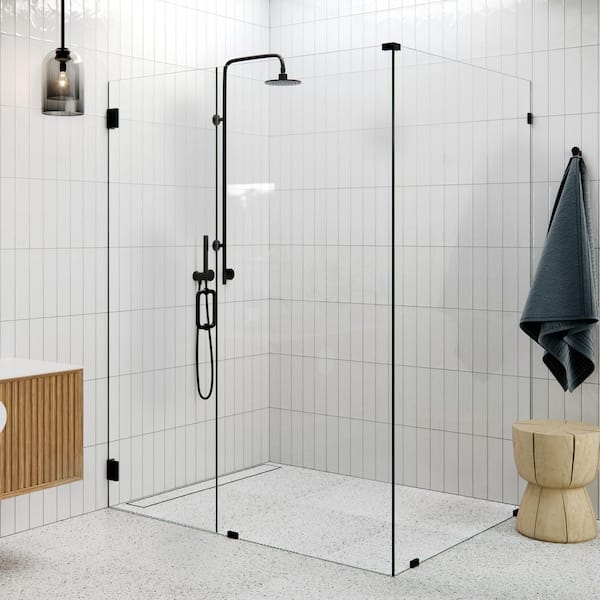 60 in. W x 48.5 in. D x 78 in. H Pivot Frameless Corner Shower Enclosure in Matte Black Finish with Clear Glass