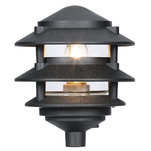 Pagoda Style Line Voltage Textured Black Die-Cast Landscape Path Light with Clear Glass Liner