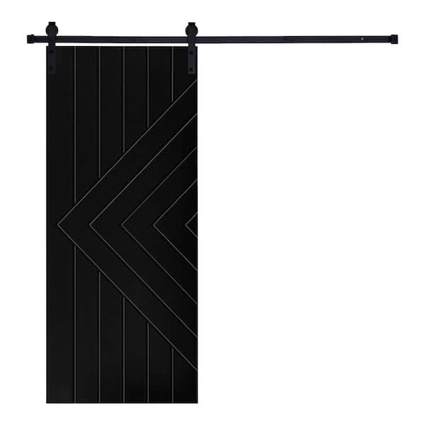 AIOPOP HOME Modern Strip Designed 80 in. x 32 in. MDF Panel Black Painted Sliding Barn Door with Hardware Kit