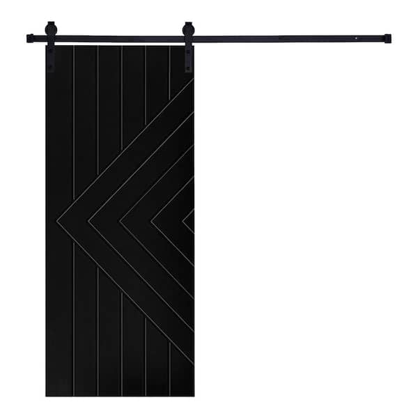 Modern Strip Designed 96 in. x 24 in. MDF Panel Black Painted Sliding Barn Door with Hardware Kit