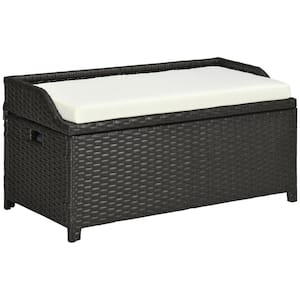 58 Gal. Black Wicker Outdoor Storage Bench with Blue Cushion and Interior Waterproof Cloth Bag Patio Furnitur Deck Box