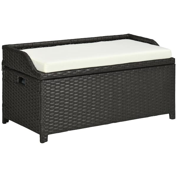 58 Gal. Black Wicker Outdoor Storage Bench with Blue Cushion and Interior Waterproof Cloth Bag Patio Furnitur Deck Box ZT W2225P174025 The Home Depot