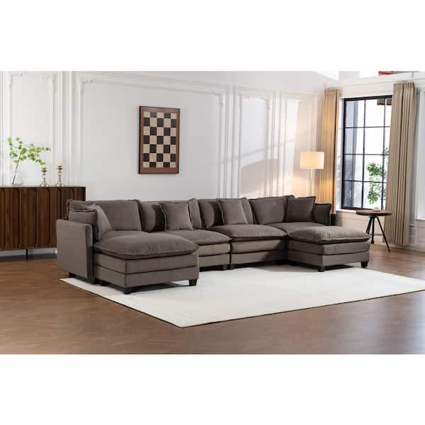 Isla Modern 149.6 in. Straight Arm 6-Piece Chenille Modular Sectional Sofa in Antique Grey with 2 Ottomans, Pillows