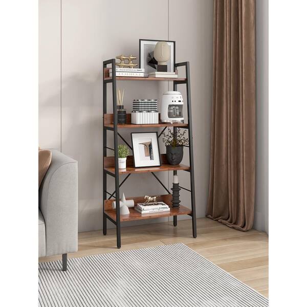 ANBAZAR 37.2 in. H 3-Tier Ladder Shelf Bookcase, Standing Shelf Storage Organizer with Wood and Metal Shelf for Home and Office, Brown