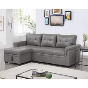 78 in. Square Arm 1-Piece Faux Leather L-Shaped Sectional Sofa in Gray with Chaise