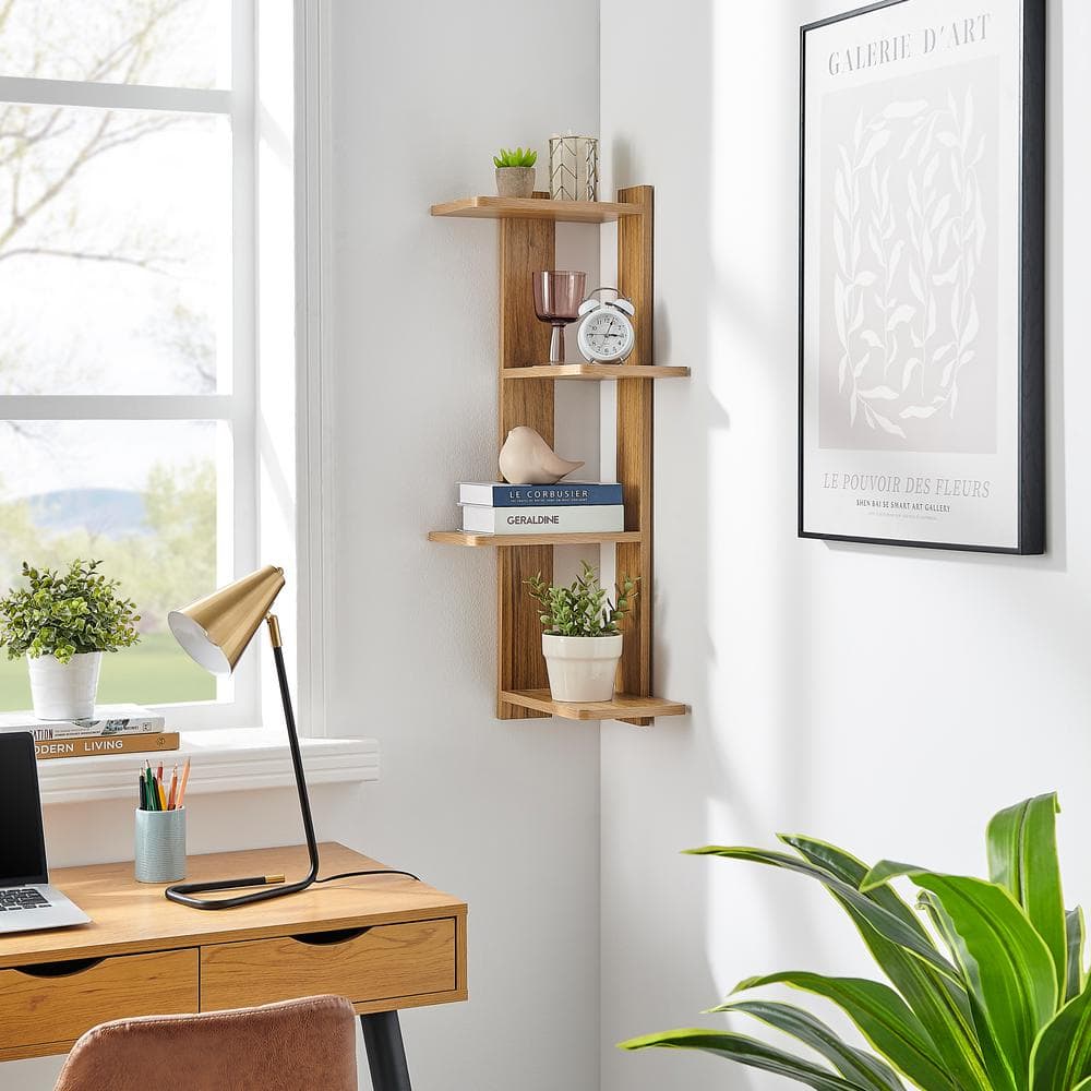 Chestnut 4-Tier Corner Floating Wood Wall Shelf