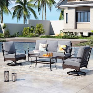 Rattan 4-Piece 5 Seat Steel Outdoor Patio Conversation Set with Gray Cushions, Swivel Sofas and Wood-Grain Table