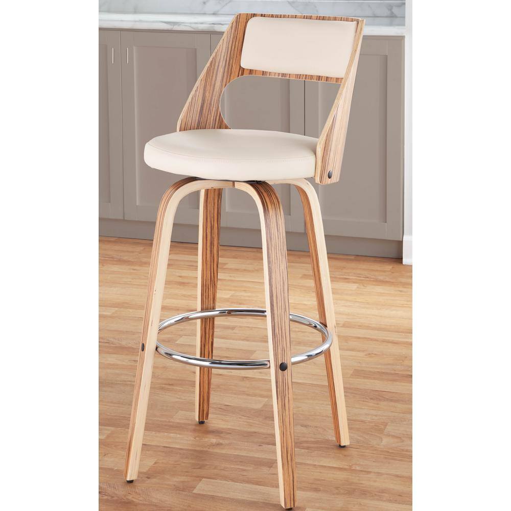 Cecina 30'' Zebra Wood and Cream Faux Leather Swivel Barstool Set