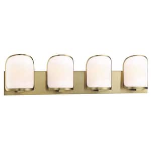 Bishop Crossing 33.5 in. 4-Light Soft Brass Vanity Light with Etched White Glass Shades