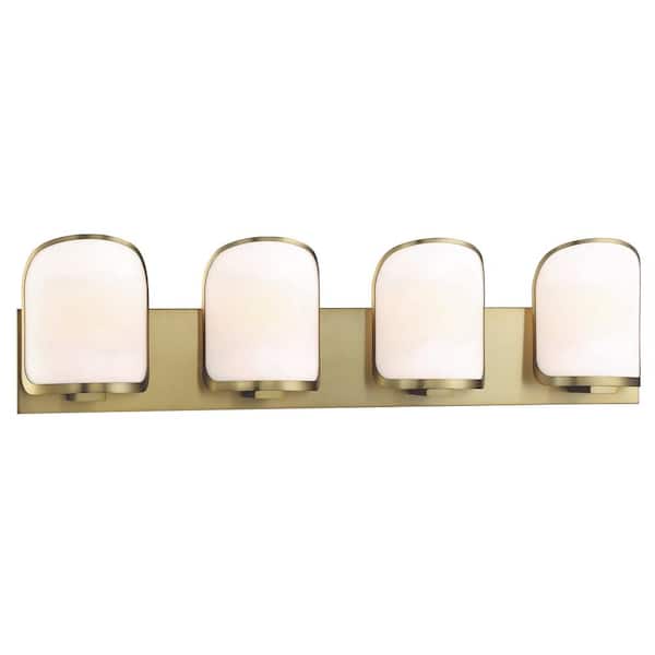 Minka Lavery Bishop Crossing 33.5 in. 4-Light Soft Brass Vanity Light with Etched White Glass Shades