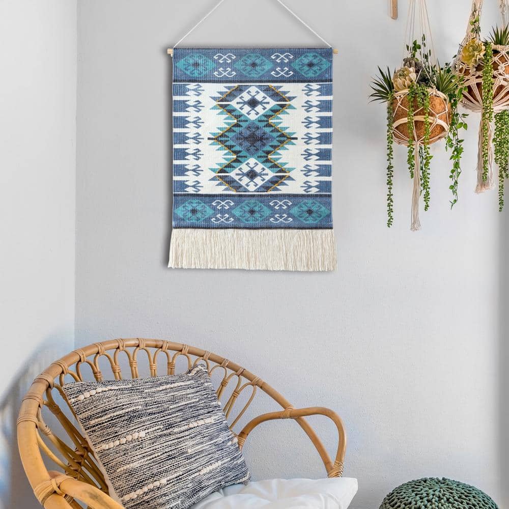 Blue and White Cotton Aztec Fringe Wall Hanging, 25.5"