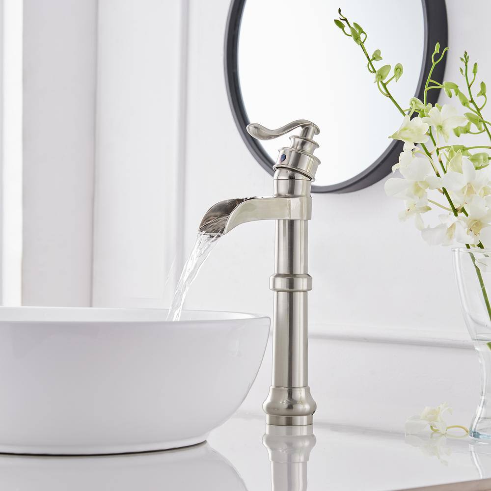 Brushed Nickel Waterfall Spout Single Handle Vessel Faucet