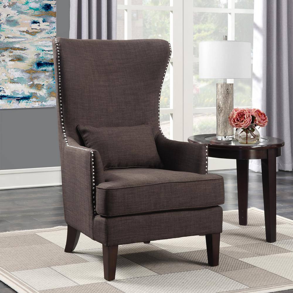 Elegant Long Back Chocolate Brown Accent Chair with Studded Trim