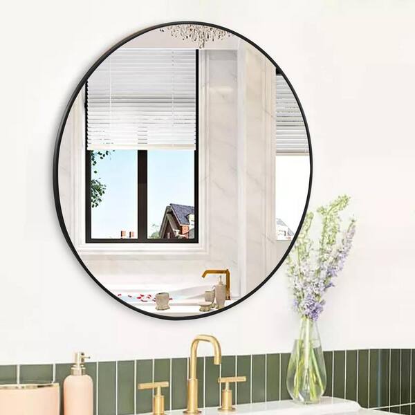 30 in. W x 30 in. H Round Framed Wall Bathroom Vanity Mirror in Balck, Black