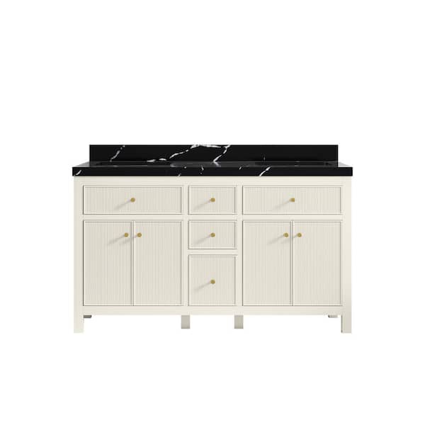 Willow Collections Sonoma 60 in. Double Sink Freestanding Alabaster Bath Vanity with Calacatta Black Qt. Top Unassembled