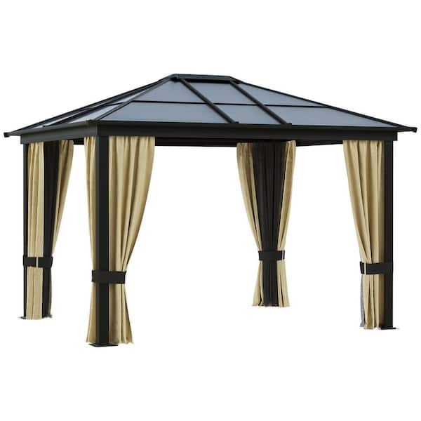 12 ft. x 10 ft. Black Polycarbonate Hardtop Patio Gazebo Canopy with Beige Curtains
