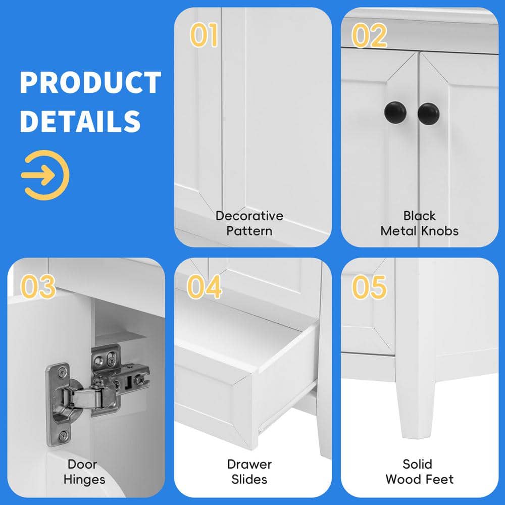 24" White Freestanding Bathroom Vanity with Ceramic Top and Drawer