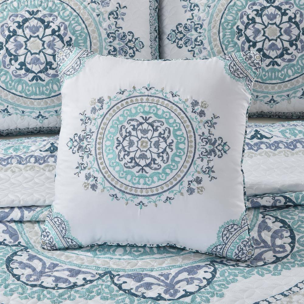 Afton 16" White and Blue Embroidered Square Throw Pillow