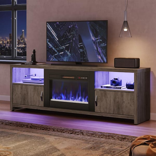 Bestier 70 in. Wash Grey LED TV Stand Fits TV's Up to 75 in. Entertainment Center with Fireplace and Cabinets