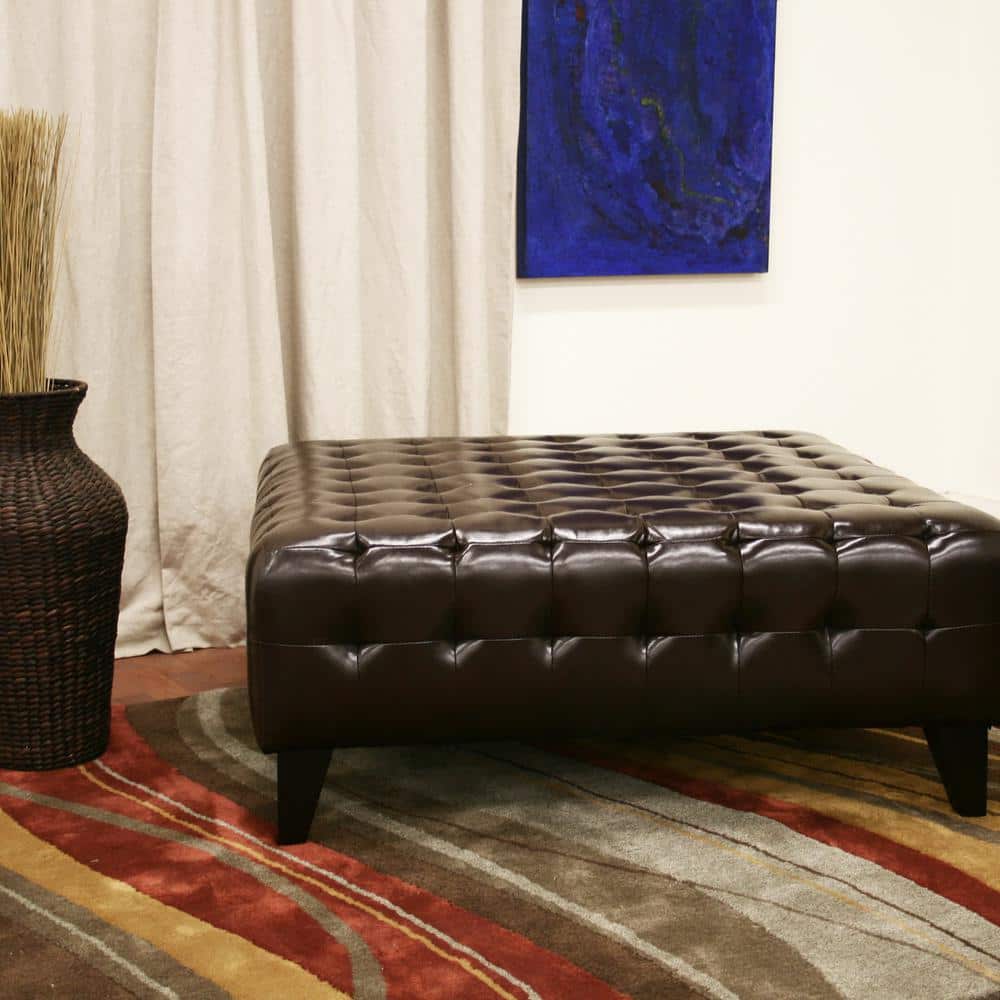 Pemberly Tufted Dark Brown Bonded Leather Large Square Ottoman