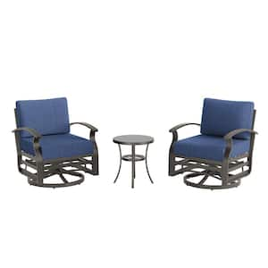 3-Piece Aluminum Swivel Outdoor Rocking Chairs Patio Conversation Set with Navy Cushions and Table, Garden, Backyard