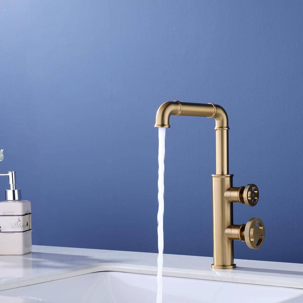 Brushed Gold Industrial Style Brass Bathroom Faucet with Dual Handles