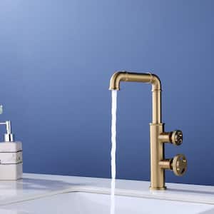 Industrial Double Handle Single Hole Bathroom Faucet in Brushed Gold