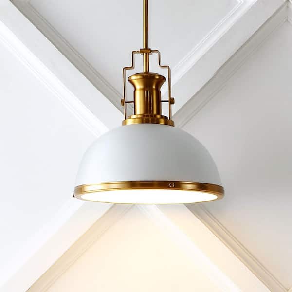 JONATHAN Y Homer 13 in. 1-Light Brass Gold/White Modern Industrial Iron LED Dome Globe Pendant