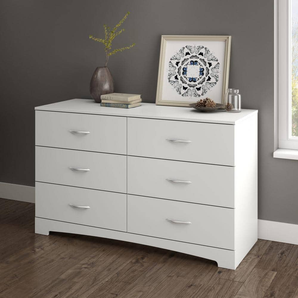 Pure White Laminated Particle Board Double Dresser with 6 Drawers