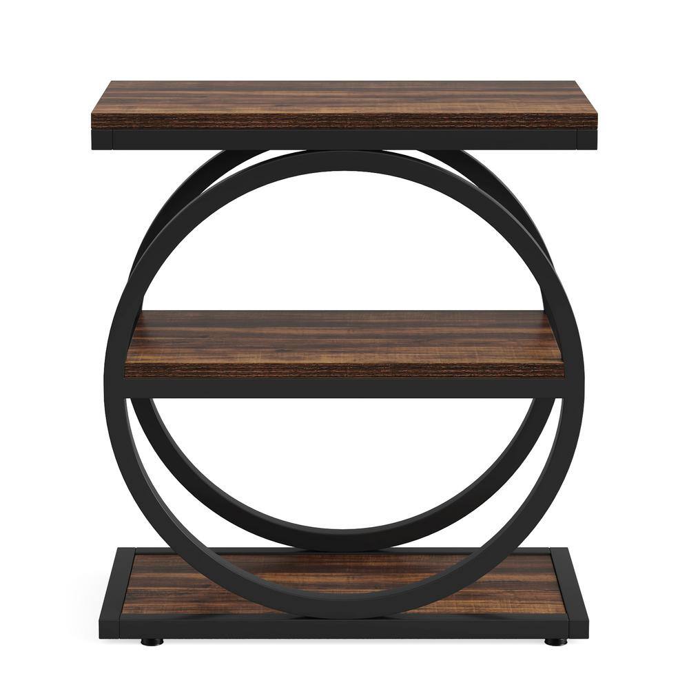 Front view of a rustic brown wooden end table with a black circular metal frame.