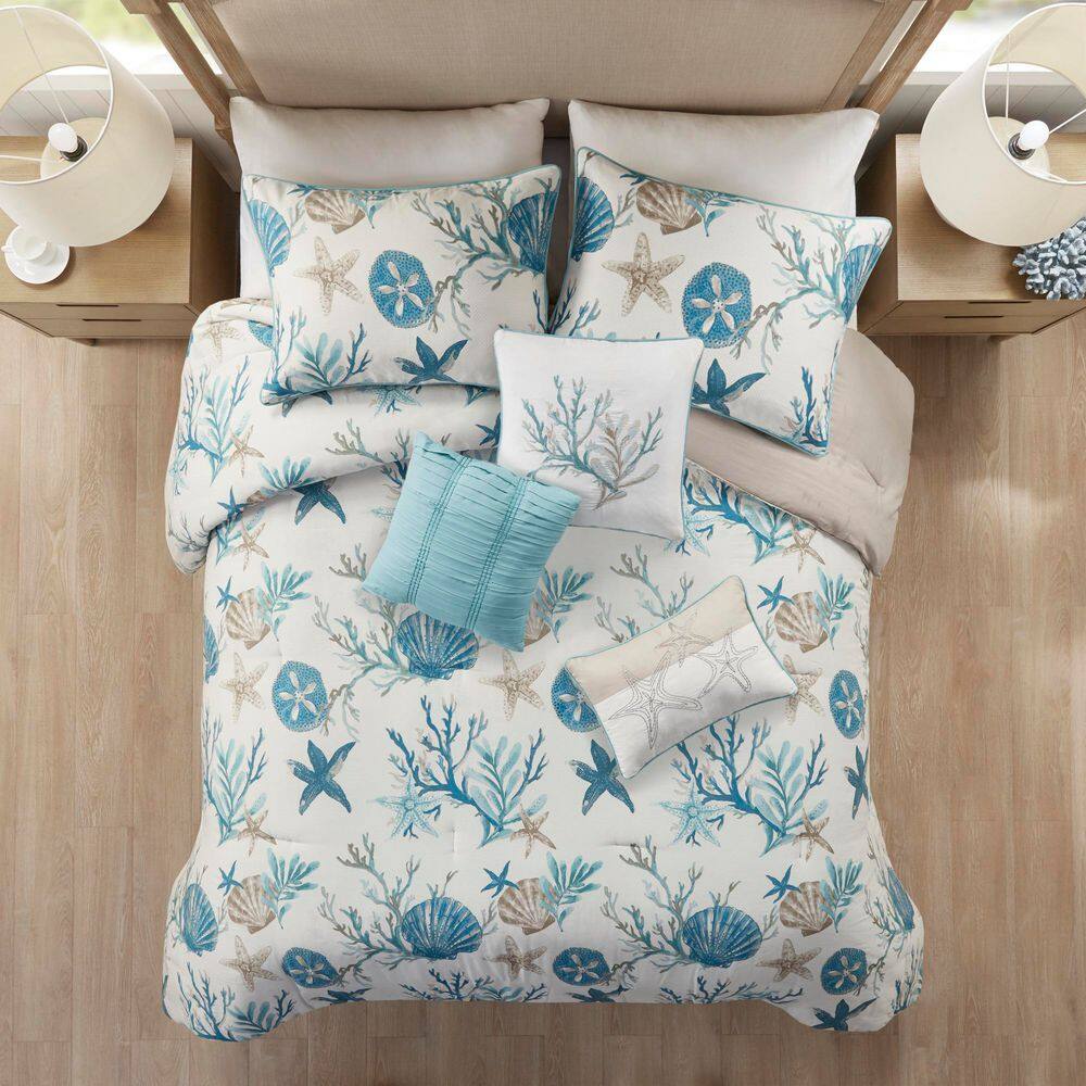 Aqua Coastal Queen Cotton Comforter Set with Decorative Pillows