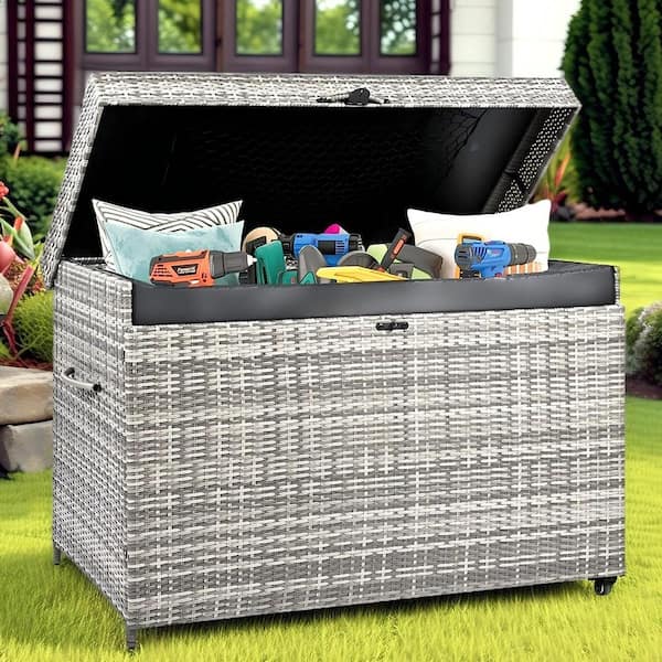 All-Weather 230 Wicker Grey Deck Box with Wheels for Patio