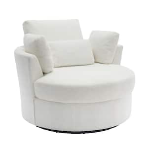 Ivory Boucle Polyester Upholstered 360° Swivel Accent Barrel Chair with Pillows(Set of 1)