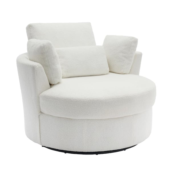 Uixe Ivory Boucle Polyester Upholstered 360° Swivel Accent Barrel Chair with Pillows(Set of 1)