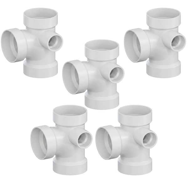 4 x 4 x 4 x 2 in. White Rigid PVC DWV Sanitary Tee w/ Right Side Inlet, 0.67 ft. Long, All Hub, Schedule 40 (5 Pack)