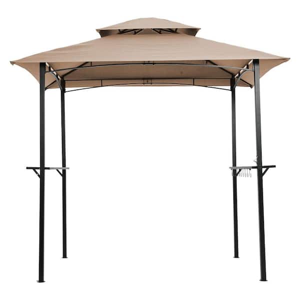 8 ft. x 5 ft. Khaki Double Tier Soft Top Outdoor Grill Gazebo Tent with Steel Frame, Shelves, and Hook