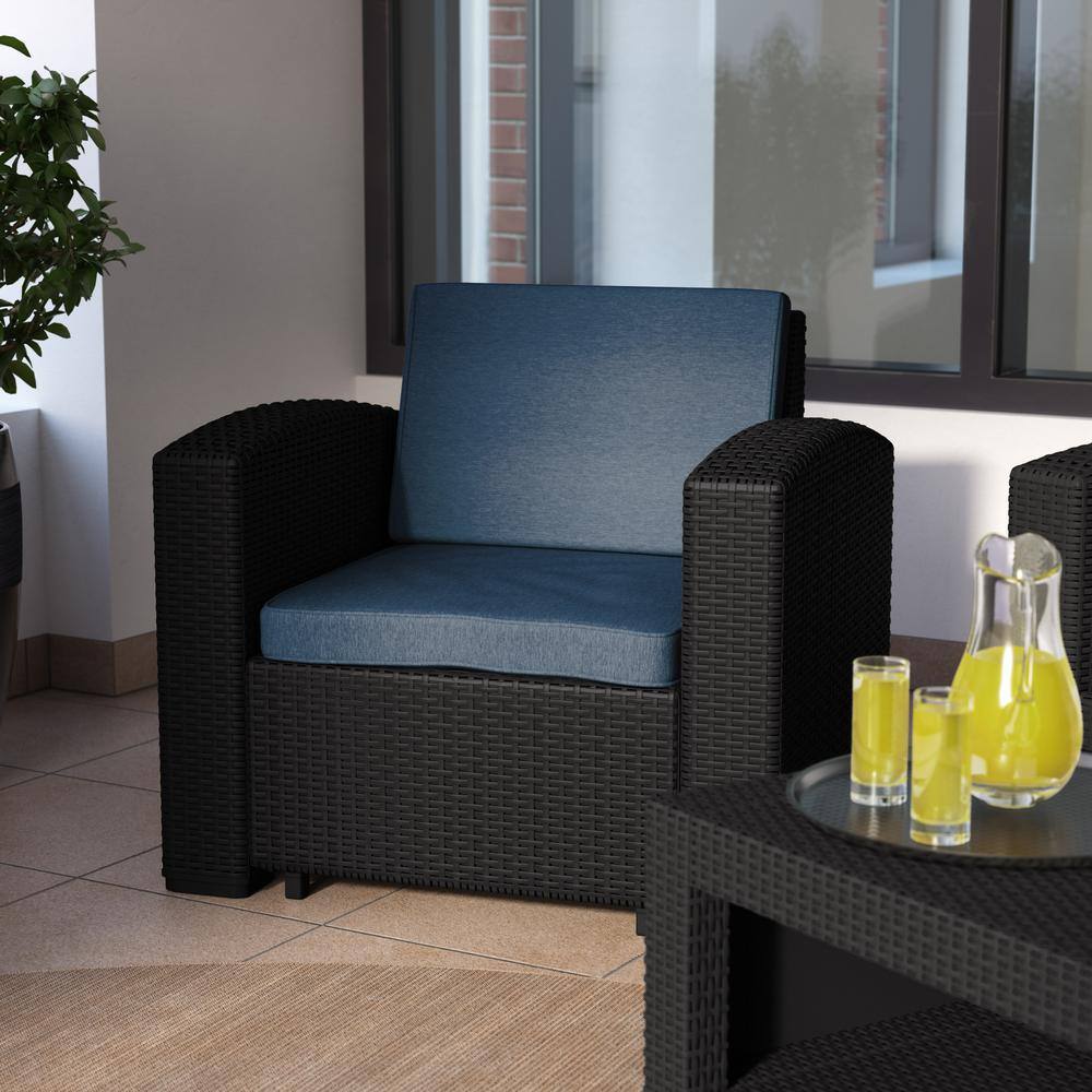 Elegant All-Weather Resin Wicker Outdoor Armchair with Gray Cushions