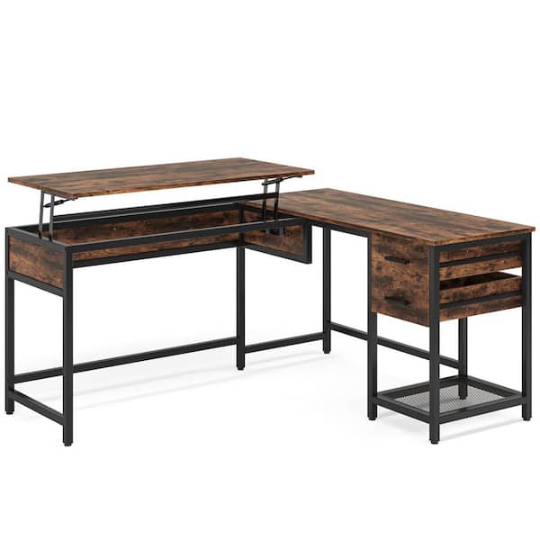 TRIBESIGNS WAY TO ORIGIN 59 in. L-Shaped Rustic Brown Wood 2 Drawer Computer Desk with Lift Top and Shelf