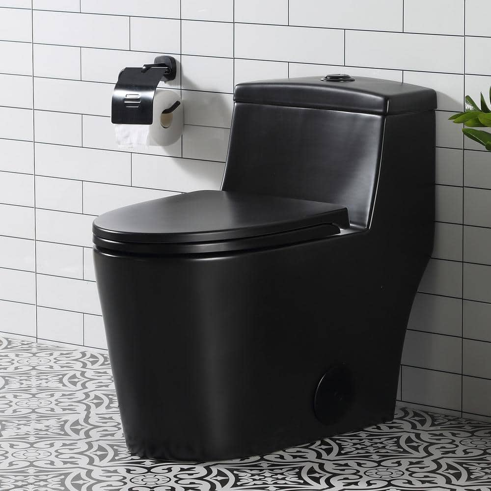 HOROW 1-piece 0.8/1.28 GPF Dual Flush Elongated Toilet in. Black Seat ...