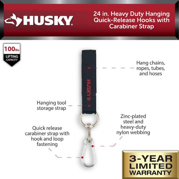 Husky 24 in. Heavy Duty Hanging Quick-Release Hooks with Carabiner Strap  HD00139-TH - The Home Depot