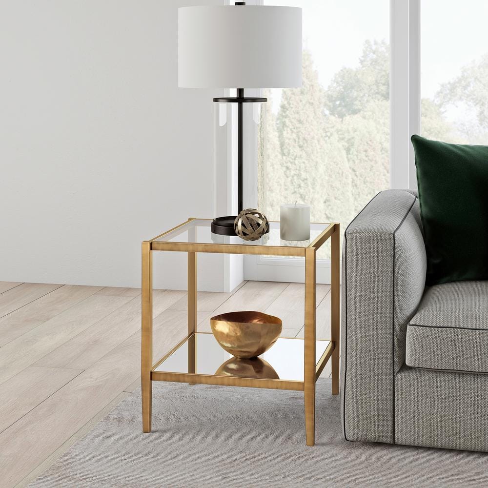 Elegant Brass Metal and Mirrored Glass 20" Side Table