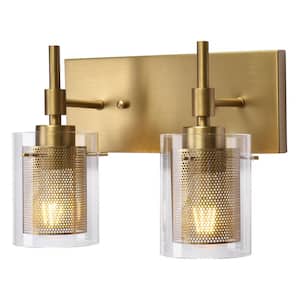 11.42 in. 2-Light Gold Bathroom Vanity Light with Metal and Glass Shade
