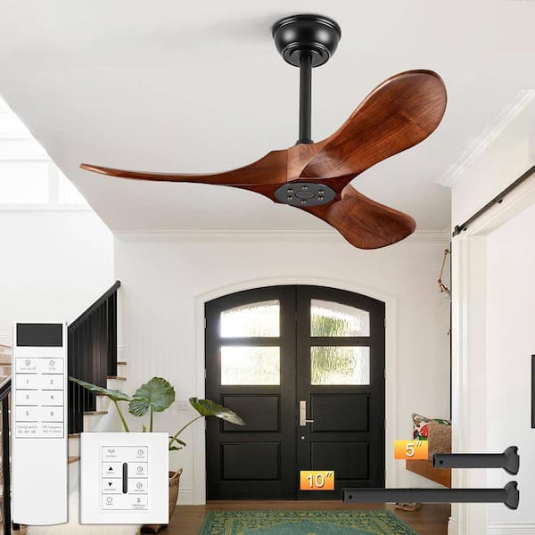 36 in. Black Standard Ceiling Fan with Brown Wood Finish Solid Blades, No Light, Downrod Mount, 6-Speed , Remote Control