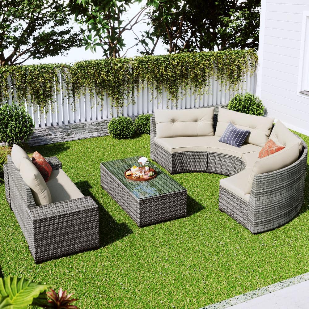 8-pieces Outdoor Wicker Patio Conversation Set with Beige Cushions Round So