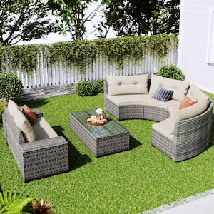 8-pieces Outdoor Wicker Patio Conversation Set with Beige Cushions Round Sofa Set Patio Sectional Sets with Coffee Table